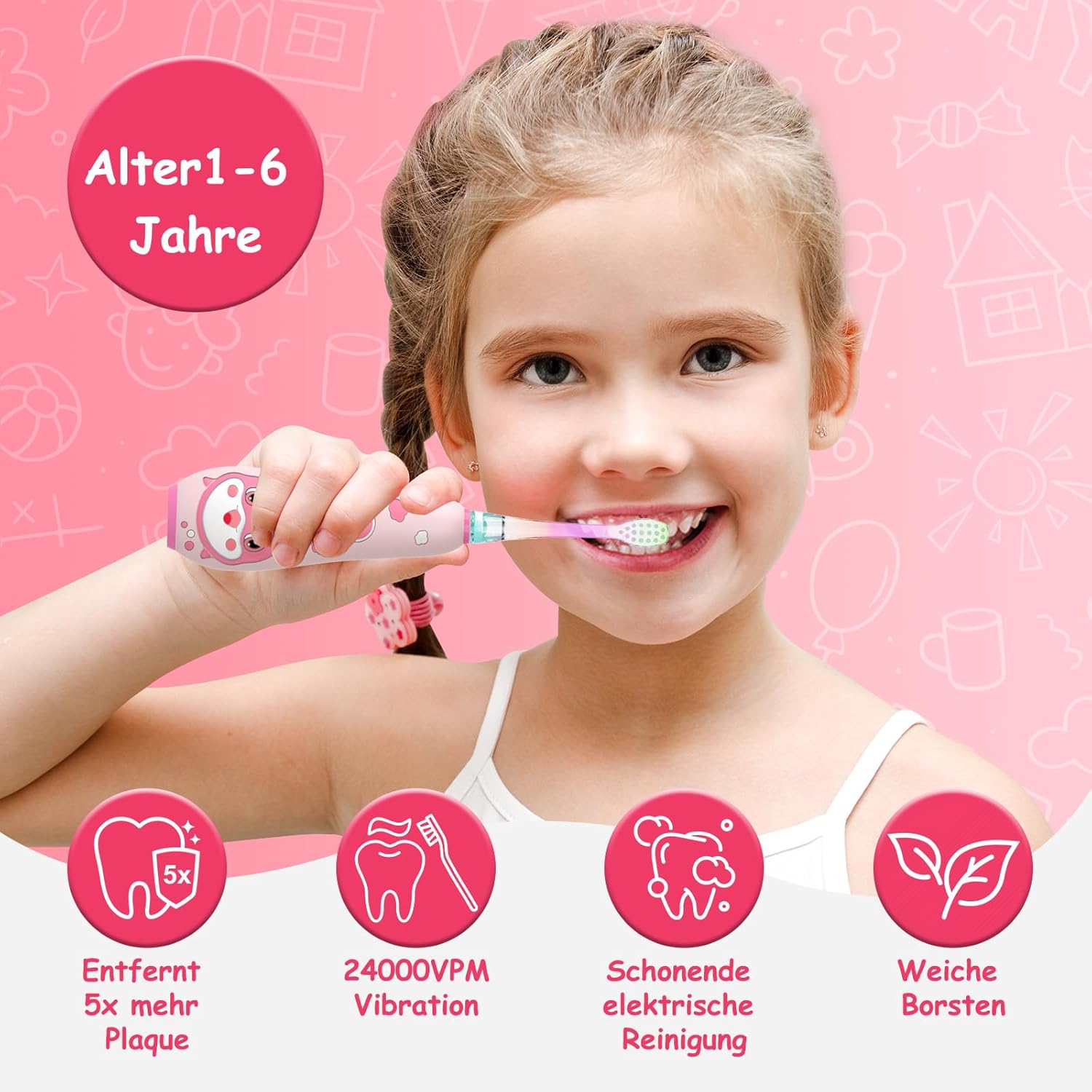 Teeteck SG2139 Electric Toothbrush for Children - Sonic Toothbrush Baby 1-6 Years with Rainbow LED Light, with 2 Brush Heads, Magnetic USB Charging Cable, IPX7 Waterproof, Pink