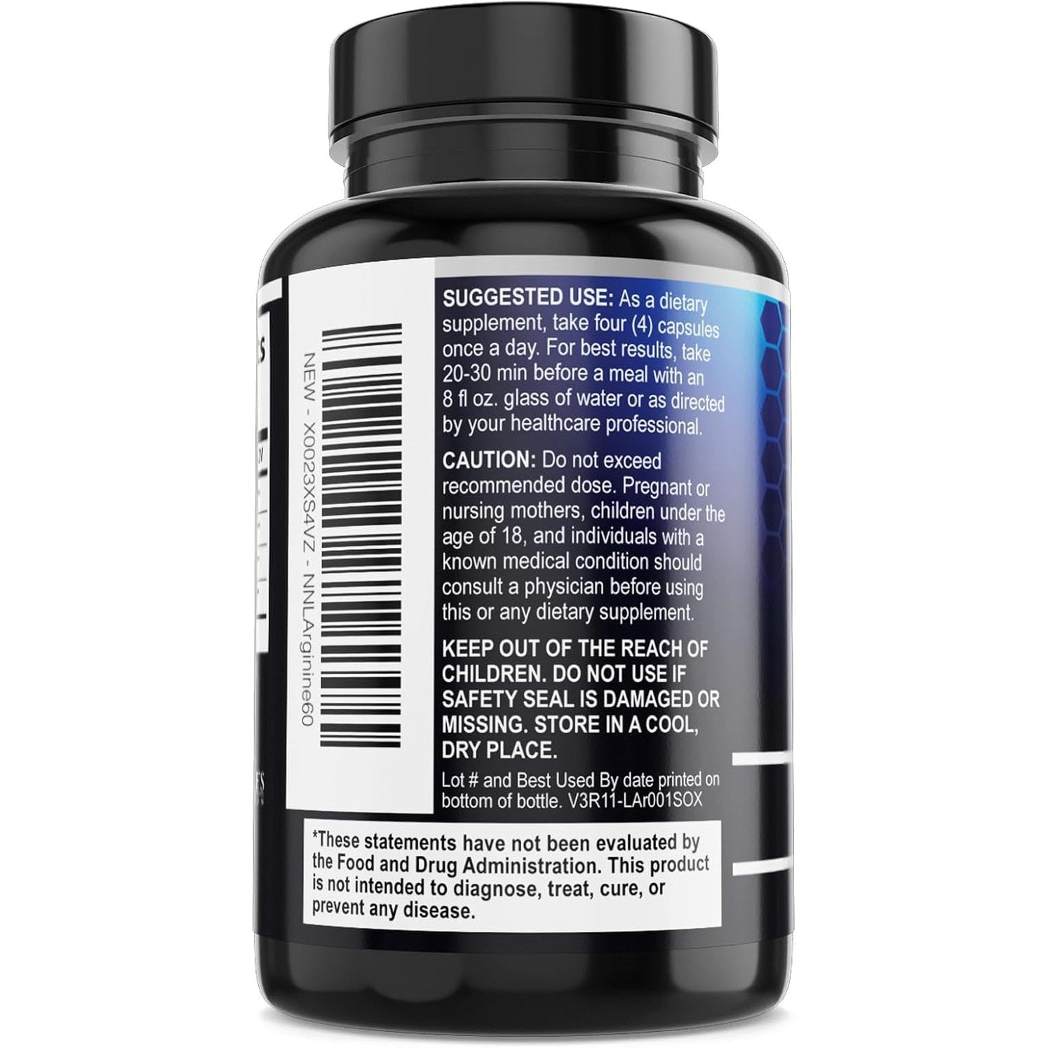 Back label of Nature's Nutrition Nitric Oxide supplement showing Suggested Use and Caution