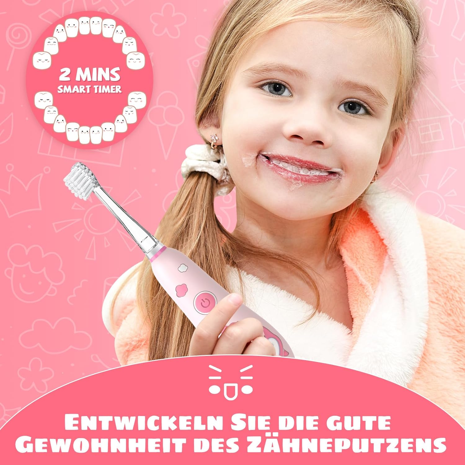 Teeteck SG2139 Electric Toothbrush for Children - Sonic Toothbrush Baby 1-6 Years with Rainbow LED Light, with 2 Brush Heads, Magnetic USB Charging Cable, IPX7 Waterproof, Pink