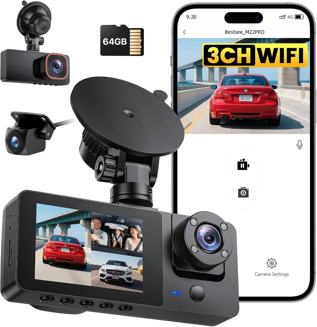 Bestsee 1080P Dash Cam Car Front Rear and Indoor with 64GB SD Card, Car Camera with Parking Surveillance, Motion Detection, Infrared Night Vision, G-Sensor, Loop Recording, WDR, Viewing Angle