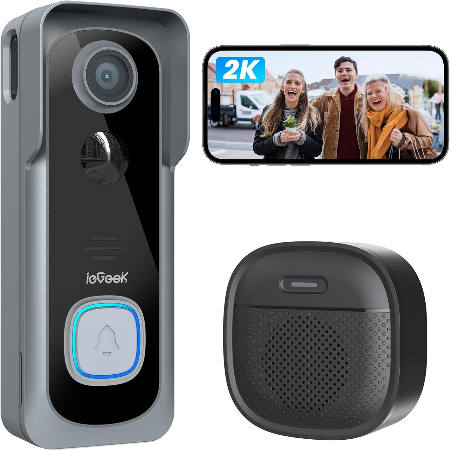 ieGeek Video Doorbell Wireless with Chime - 2K HD Doorbell Camera Grey, Smart Home Security Door Bell Voice Message and Changer, Two-Way Audio, PIR Detection, Easy Installation, Night Vision