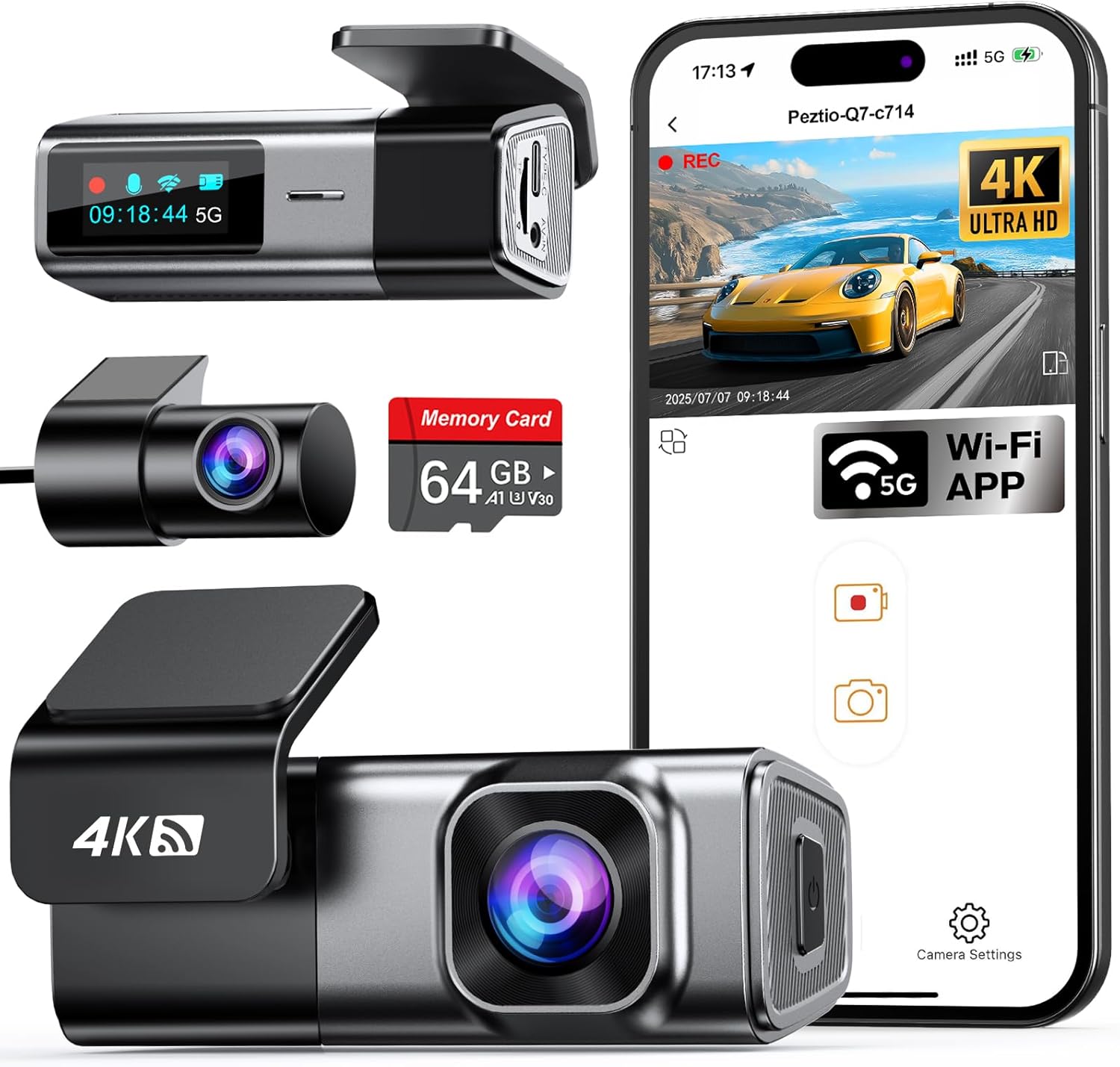 Navycrest 5G WiFi Dash Cam Front and Rear with 64GB Card, Dash Camera for Cars 2.5K/1440p Front and 1080P Rear, Dashcams for Cars Loop Recording, Gravity Sensor, 24Hours Parking Mode, Silver