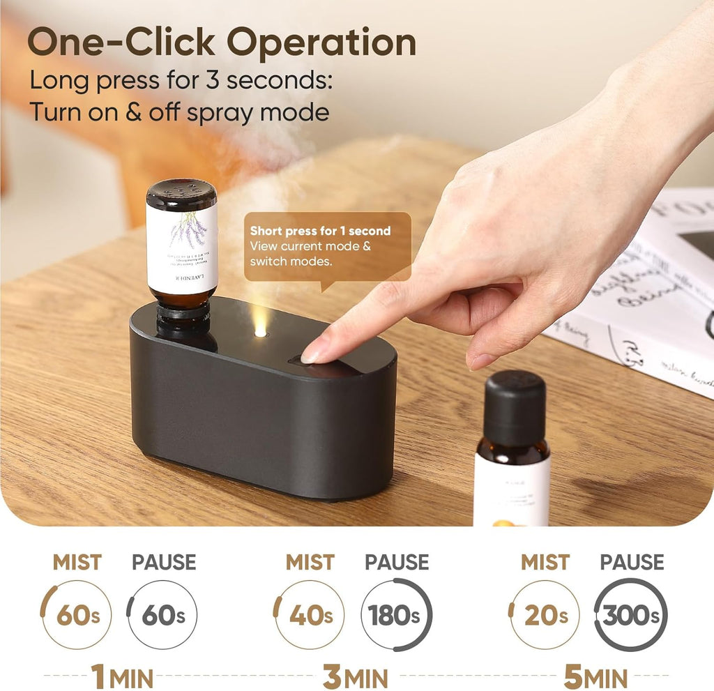 Waterless Diffuser for Essential Oil Nebulizer,Battery Operated Mini Scent Air Machine, Aromatherapy Atomizing Diffuser, 3 Mist Modes, Cycle Start for Bedroom, Home, Office 160-400 sq. ft Scent Black
