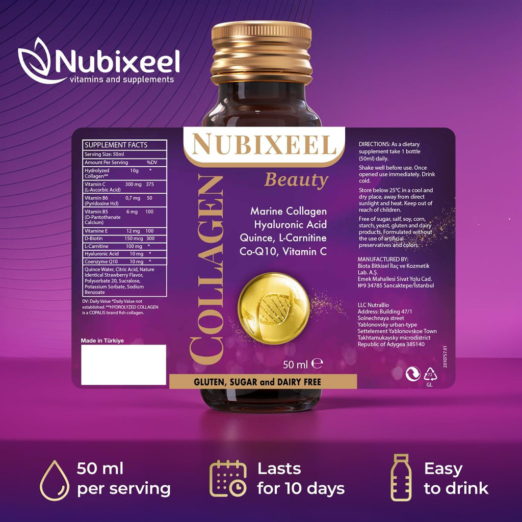 Nubixeel Premium Marine Collagen (10 Shots) – Hydrolyzed Liquid Collagen with Vitamin C + Biotin + E + B5 + B6 | Hair & Skin Support | for Women & Men | Sugar-Free | Gluten-Free