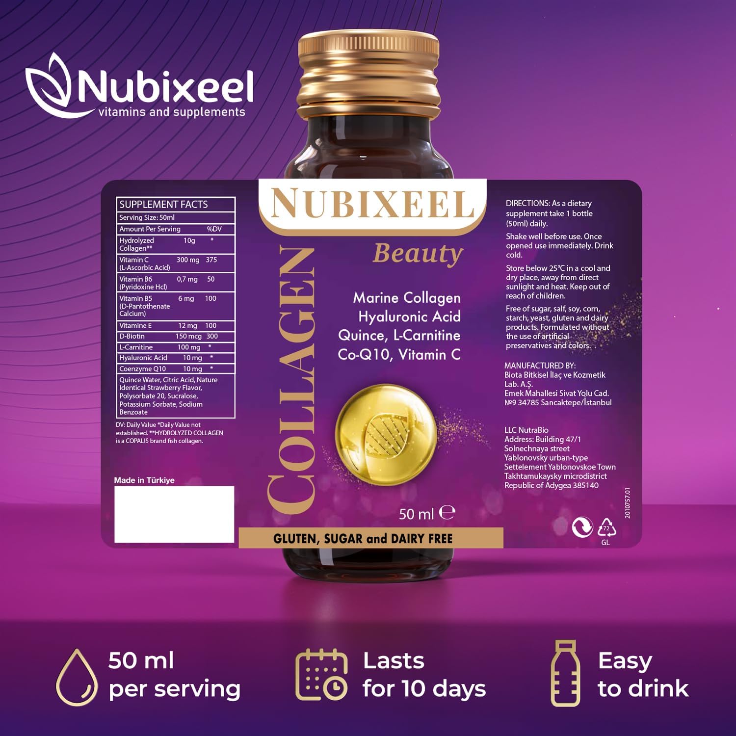 Nubixeel Premium Marine Collagen (10 Shots) – Hydrolyzed Liquid Collagen with Vitamin C + Biotin + E + B5 + B6 | Hair & Skin Support | for Women & Men | Sugar-Free | Gluten-Free