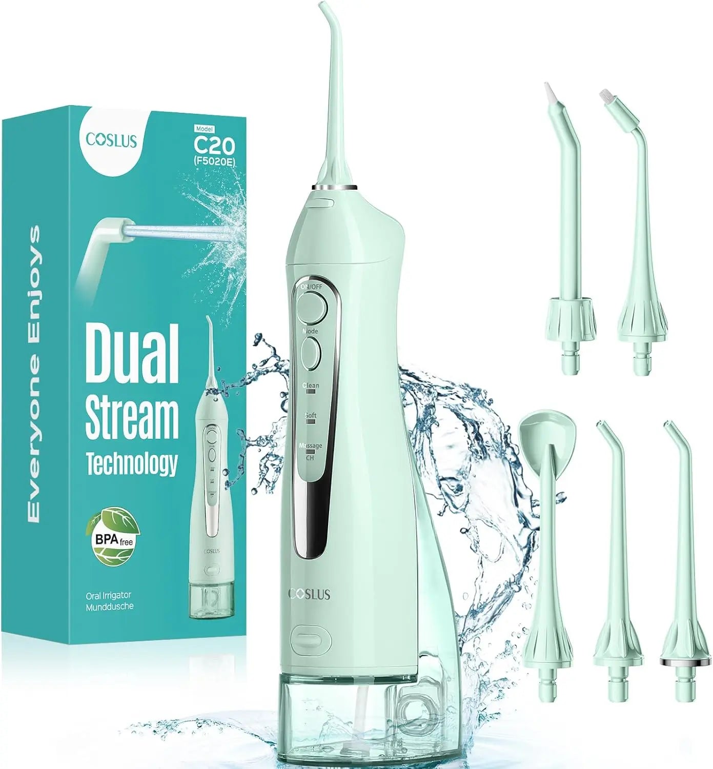 COSLUS Water Dental Flosser Teeth Pick: Portable Cordless Oral Irrigator 300ML Rechargeable Travel Irrigation Cleaner IPX7 Waterproof Electric Flossing Machine for Teeth Cleaning C20(F5020E) Green