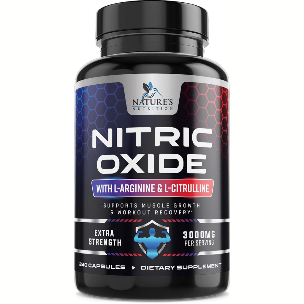 Front view of Nature's Nutrition Nitric Oxide Extra Strength 60 Capsules on white background