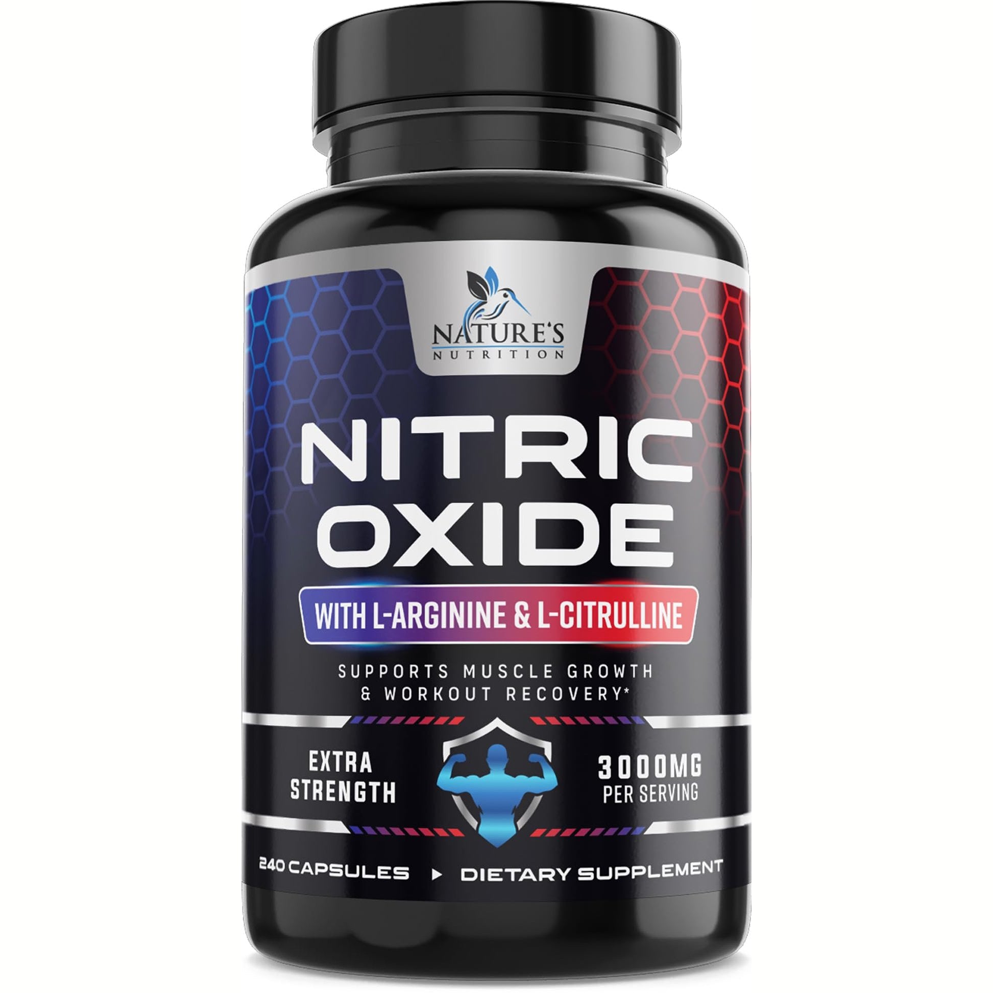 Front view of Nature's Nutrition Nitric Oxide Extra Strength 60 Capsules on white background