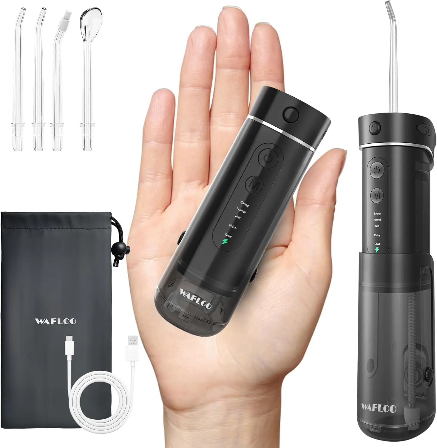 Mini Portable Water Flosser, 5 Modes Cordless with Telescopic Water Tank, 4 Tips, IPX7 Waterproof Water Floss for Home & Travel Black