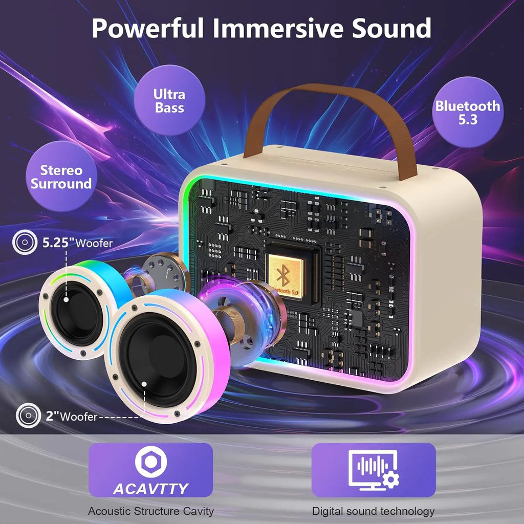JYX Karaoke Machine with 2 Microphones for Kids & Adults, LED Lights and Magic Sound, Portable Wireless Bluetooth Speaker Supports Home Party / Outdoor / Gifts / Decorations