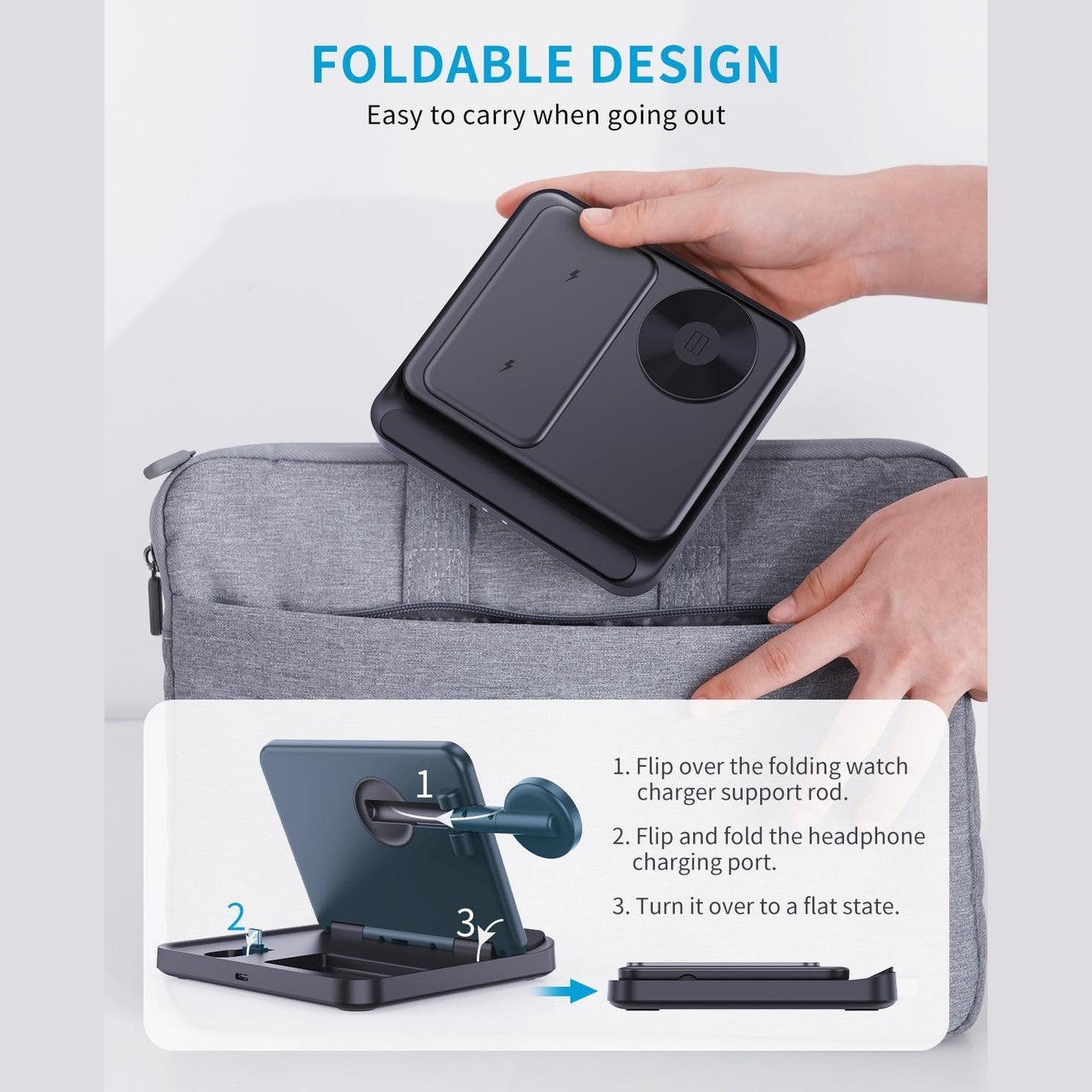 JOYVEVA for Samsung Z Fold 5 Wireless Charger Station, 3 in 1 Foldable Fast Charging Stand Dock for Galaxy Z Fold 4/3, Z Flip 5/4/3, S23/S22, Note20/10 Ultra, Watch 6/5/Pro/4/3, Earbuds 2/2 Pro/Live