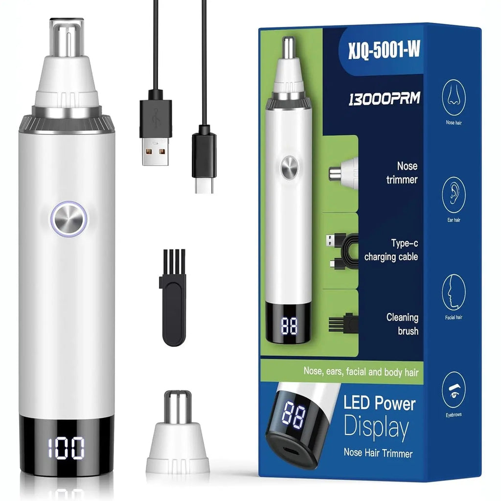 Rechargeable USB Nose & Ear Trimmer, Facial Hair Remover, Easy to Clean, Dual Edge Blades, IPX7 Waterproof,White