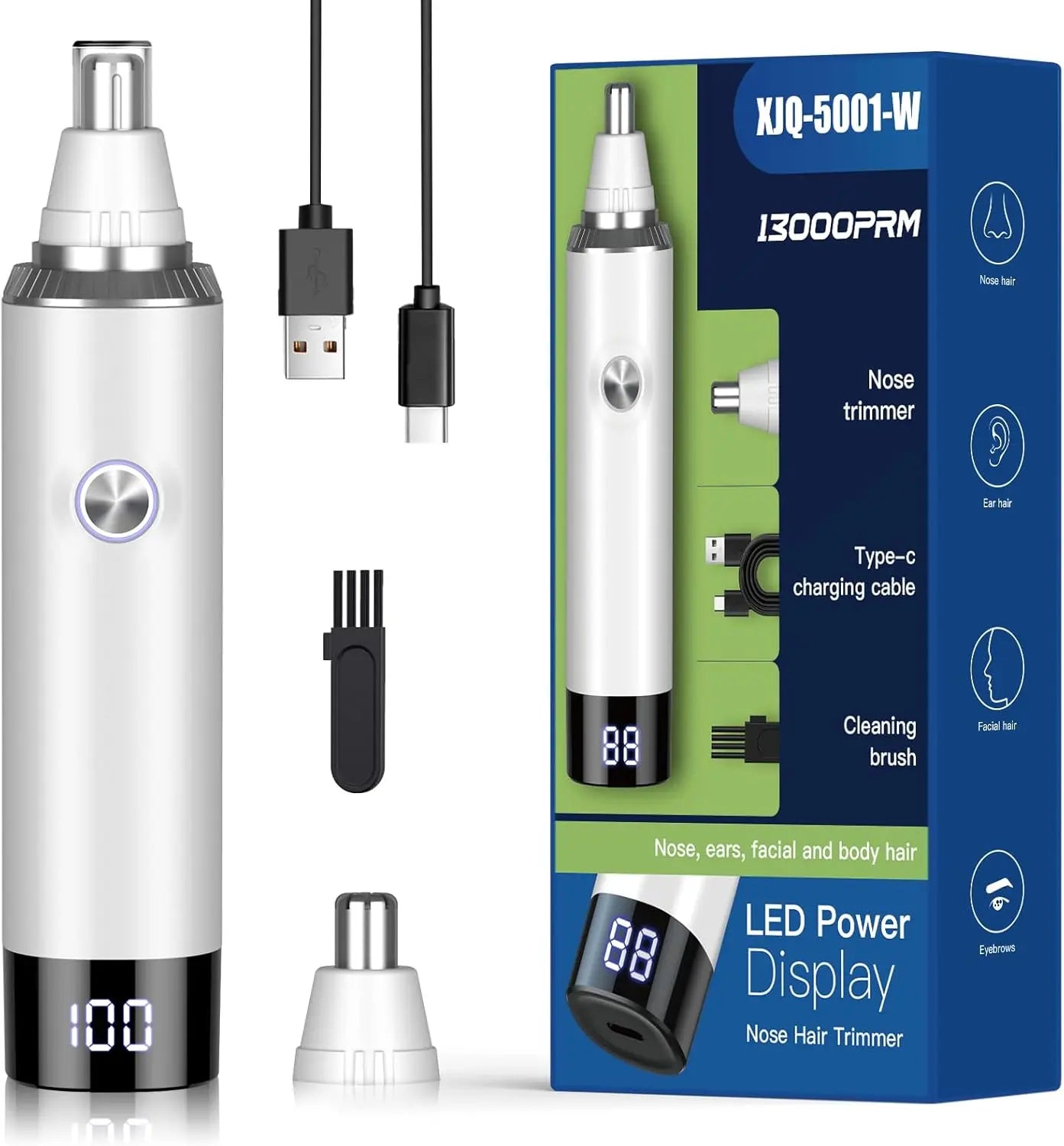 Rechargeable USB Nose & Ear Trimmer, Facial Hair Remover, Easy to Clean, Dual Edge Blades, IPX7 Waterproof,White