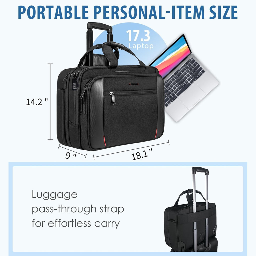 EMPSIGN Rolling Briefcase Laptop Bag,17.3" Computer bag with wheels, Water Repellent Travel Roller Underseat Bag with RFID Blocking Pocket,Rolling Work Bags for women/men -Black, Black, 11.8*5.1
