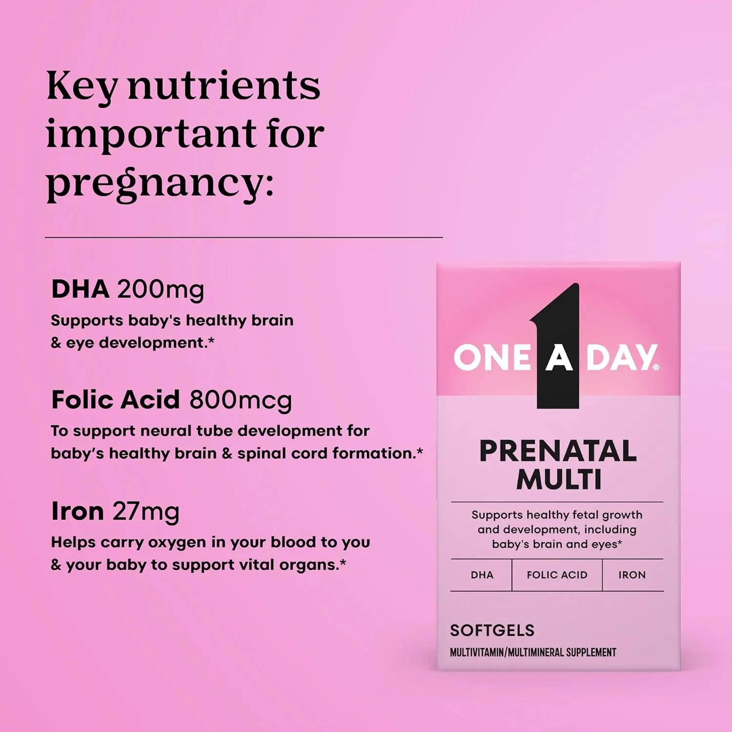 One A Day Prenatal Multi box featuring DHA, Folic Acid, and Iron for fetal growth support