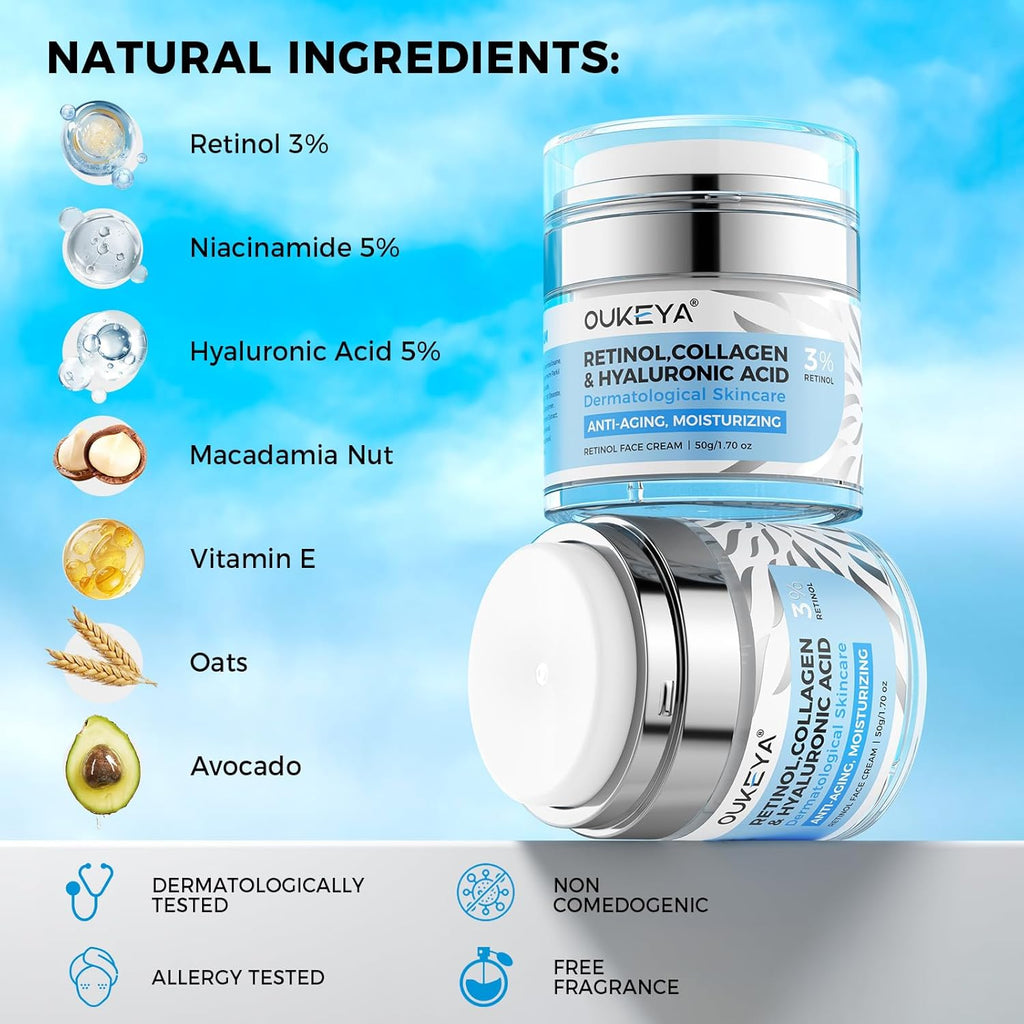 OUKEYA Retinol Cream for Face 3% Retinol Day & Night Cream, 5% Hyaluronic Acid & 5% Niacinamide, Anti Aging Moisturiser For Face & Neck, Hydrating, Firming, Non-Greasy, Fast Absorbing, 50g