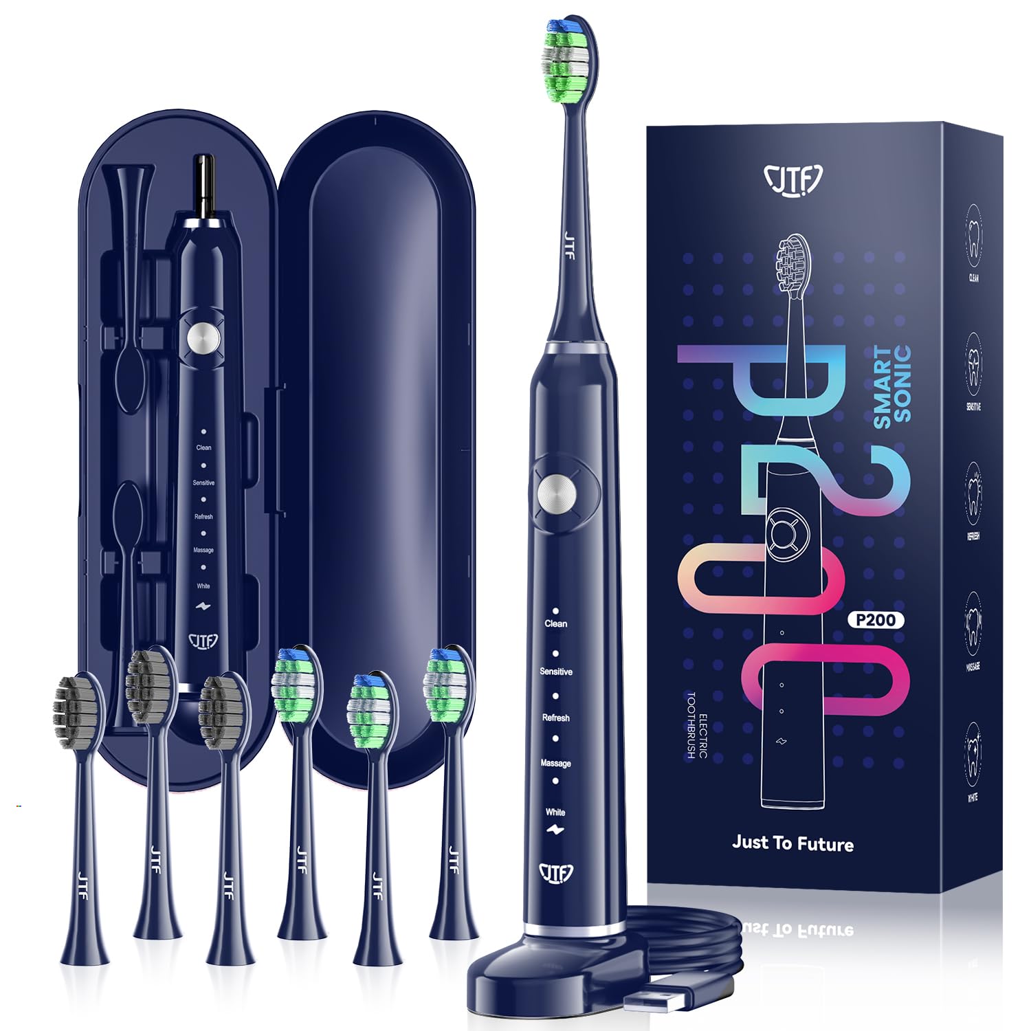 JTF Electric Toothbrush, Sonic Toothbrush with 6 Brush Heads, 40,000 VPM, 5 Modes, Electric Toothbrush with Travel Case, Endurance 60 Days, IPX7, 2 Minutes Smart Timer, Green