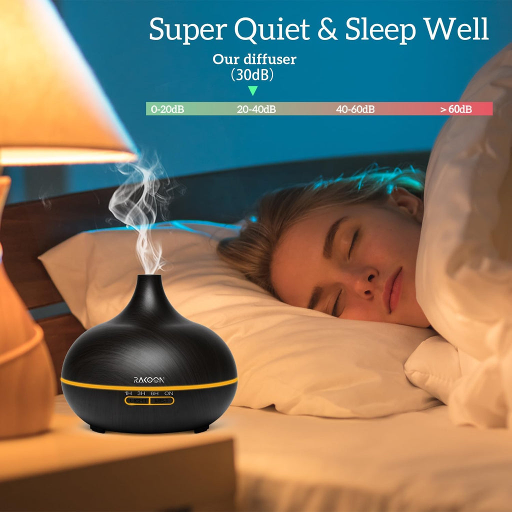 Rakoon Ultimate Essential Oil Diffusers & Essential Oil Set, Aromatherapy Diffuser for Home with Top 10 Essential Oils, 550ml Air Diffuser for Large Room, 4 Timer & 15 Ambient Light
