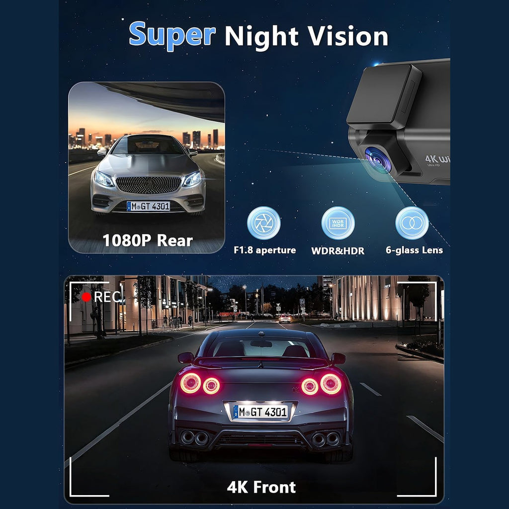 CHORTAU Dash Cam Front and Rear, 4k+1080P WiFi Dual Dash Cam with APP, 3’’ IPS Dash Camera for Cars with Free 64GB Card, Dashboard Camera with Night Vision, 24/7 Parking Monitor, WDR, Loop Recording