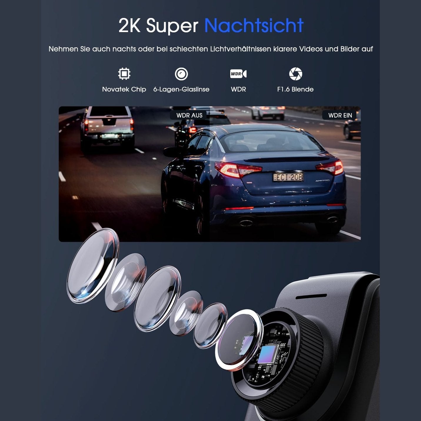 Dashcam Car WiFi 2K, Mini Front Car Camera with 64GB Map Supports External GPS Module, App, IPS Screen, Ultra Night Vision, 150° Wide Angle, WDR, 24 Hours Parking Mode and Motion Detection, G-Sensor