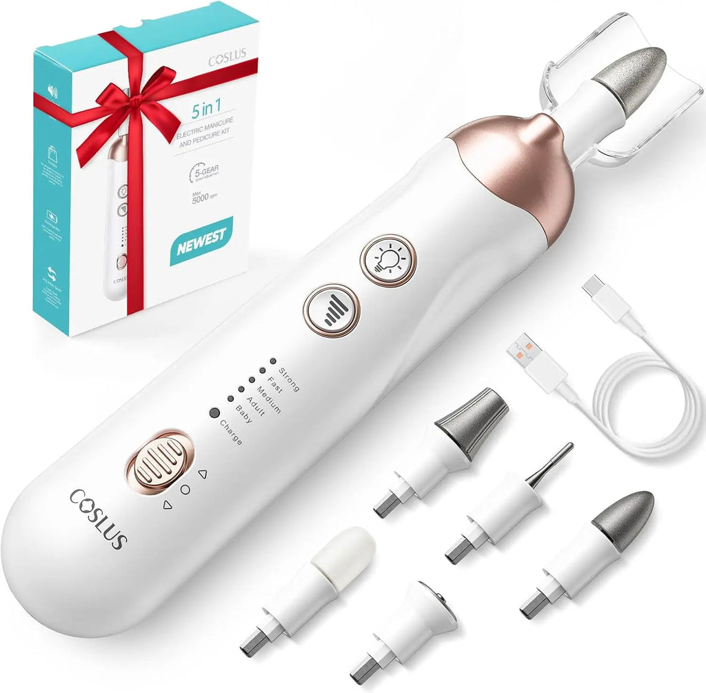 Professional Manicure Pedicure Kit Cordless: COSLUS 9 in 1 Electric Nail Drill Tools 5 Speeds Nail File Cuticle Grinder for Thick toenail 8Pcs Nail Drill Bits LED Pedicure Set for Feet Hand Women Men