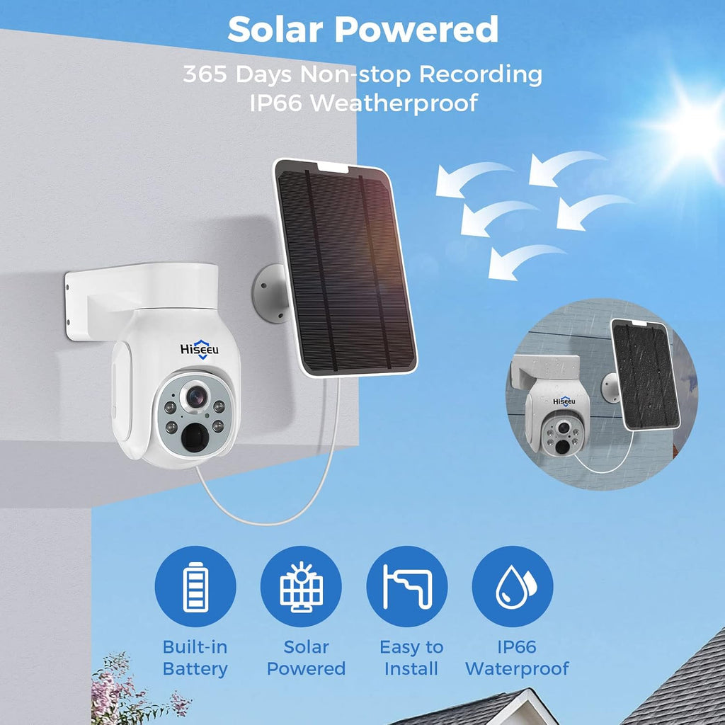 Hiseeu Solar Security Camera Outdoor, 4MP Wireless Battery Camera, PTZ 360° View, PIR Motion Detection, Color Night Vision, IP66, 2-Way Audio, 2.4G WiFi, Compatible with Alexa…