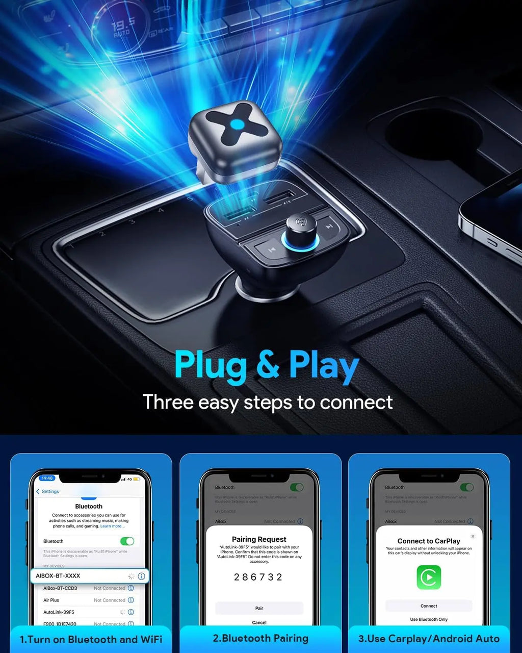 Ultra Mini Android Auto & CarPlay Wireless Adapter, Latest A9 Chip 5.8GHZ WiFi, 5.4 Bluetooth, 3-5s Auto Connect, USB-C/USB-A/Extension Cable, Compatible with iOS10+, Android 10+, CE/ROHS/FCC