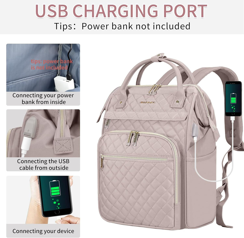 EMPSIGN Laptop Backpack Women 17 Inch, Large Laptop Rucksack Wide Open, College School Backpack with USB Charging Port, Water Repellent Travel Business Work Bag Computer Bookbag for Men, Dusty Pink