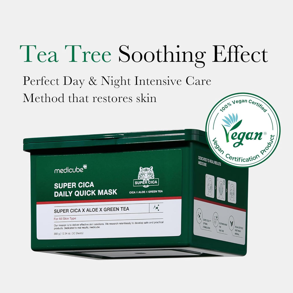 medicube Super Cica Daily Quick Facial Masks (30 Sheets) - 60-Second Soothing & Hydrating Facial Mask with 88% Cica, Instant Cooling & Moisturization - 100% Vegan Certified, Korean Skincare