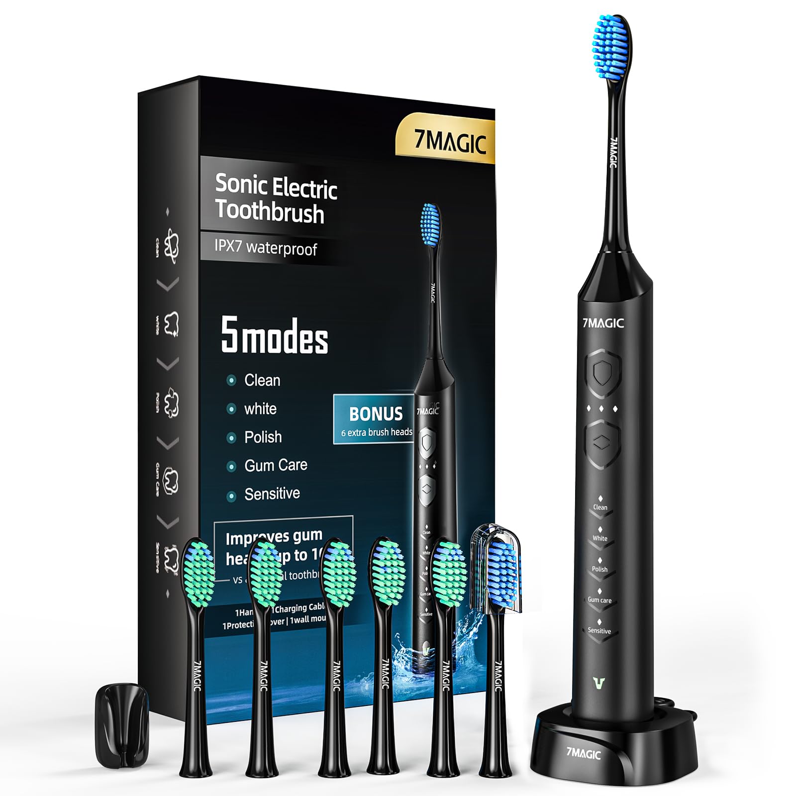 7MAGIC Electric Toothbrush, Sonic, 6 Modes, 3 Intensity, 40000VPM, IPX7, 90 Day Battery, Timer, Blue
