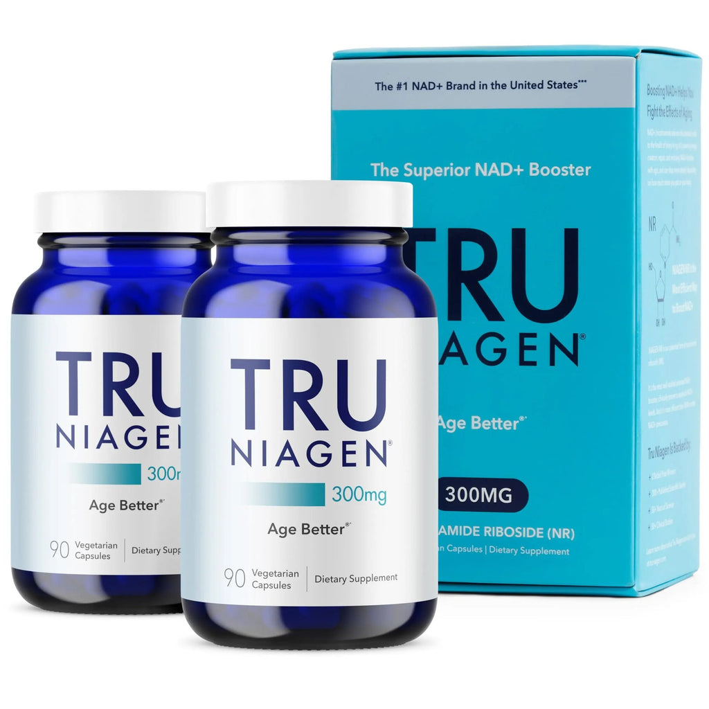 TRU NIAGEN 300mg 90 count bottle and box packaging with chemical structure diagram
