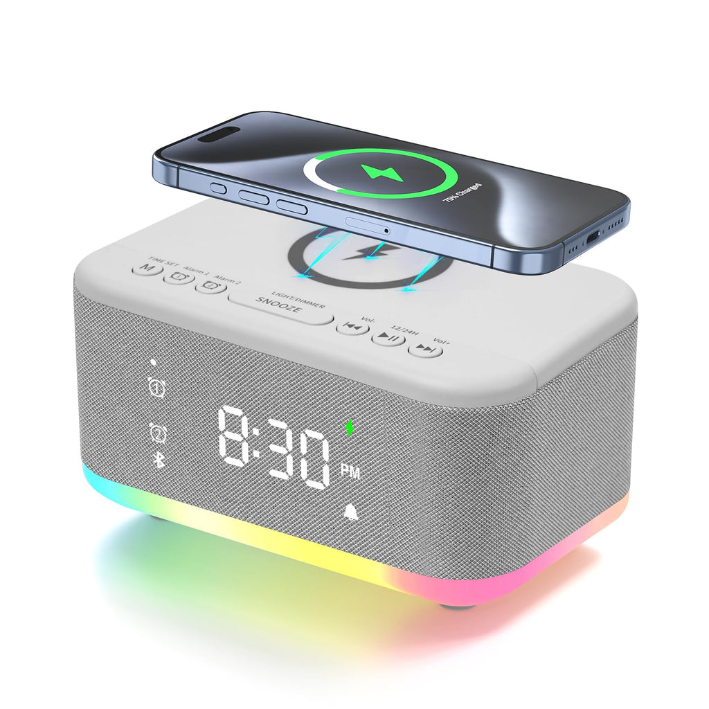 Wireless Charging Alarm Clock Bedroom, Loud Digital Alarm Clocks Bedrooms, Alarm Clock Night Light Speaker 8W Snooze Dual Alarm 12/24H Adjustable Brightness Dimmer Bluetooth, Black