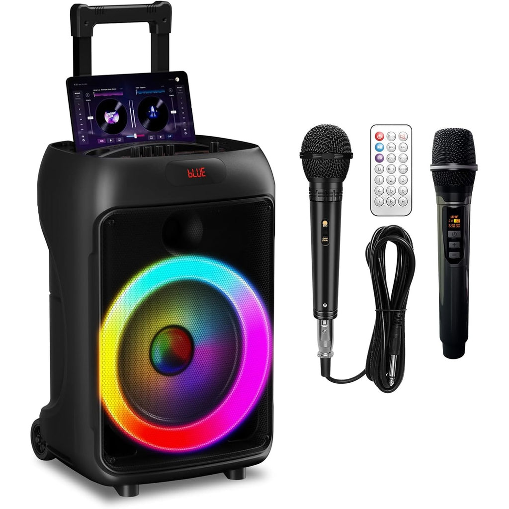 Karaoke Machine, Hukkmela Portable Karaoke System with 3 Microphones, Bass/Treble Adjustment, LED Lights, PA System, Supports REC/FM/AUX/USB/TF