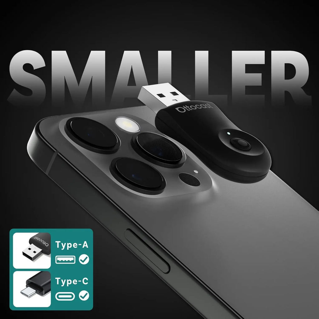 Compact black Ottocast USB-C adapter shown next to iPhone highlighting small size and port support