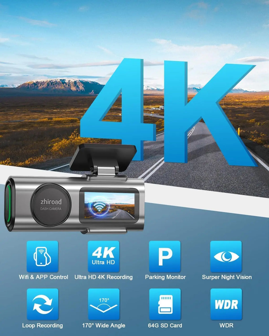 Car Dash Cam, 4K Dashcam with 64G Card, Car Dashcam with WiFi & App, 170° Car Camera, 1.47" Screen, WDR, Night Vision, Parking Mode, Gravity Sensor, Loop Recording