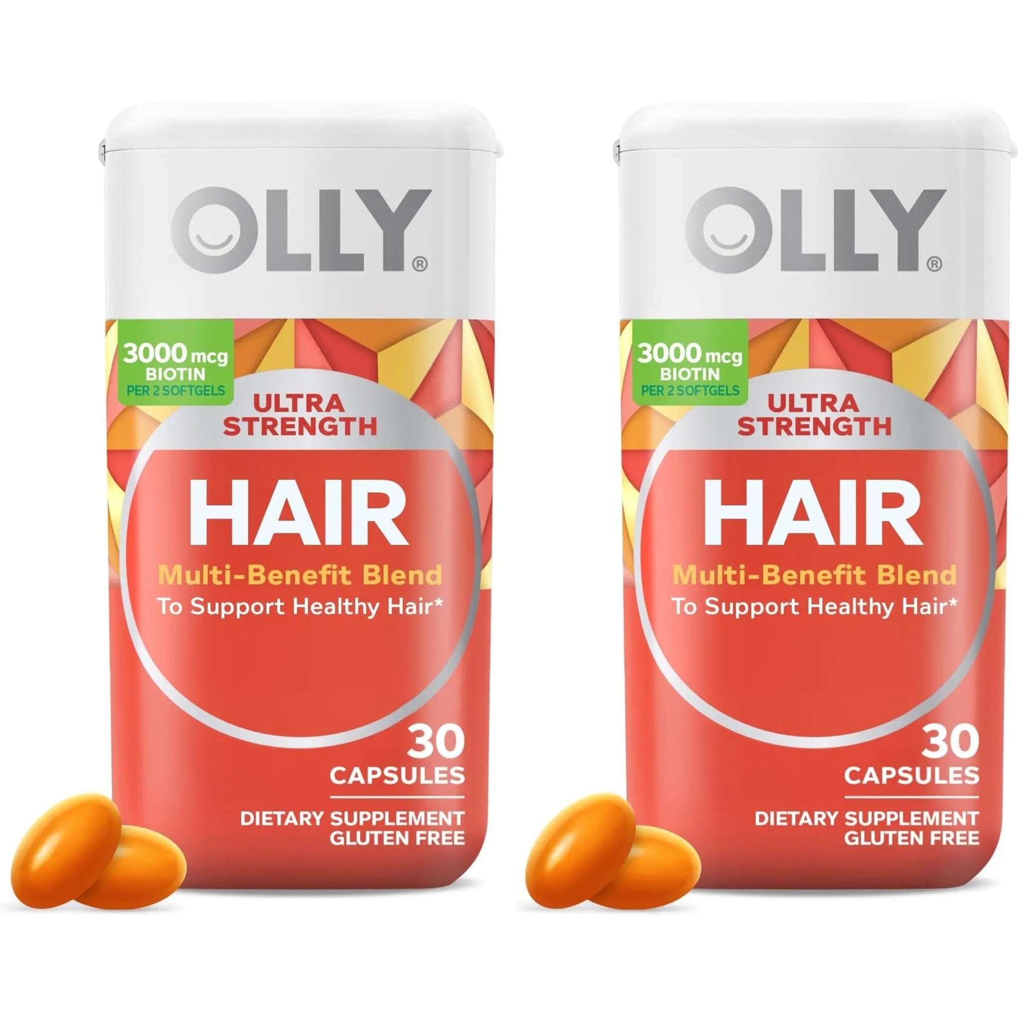 Two bottles of OLLY Ultra Strength Hair Softgels with 3000 mcg biotin per serving