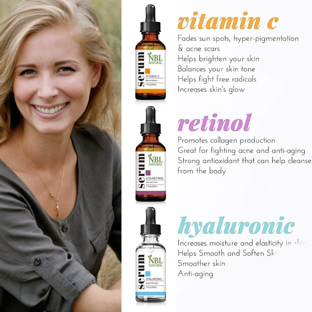 NBL NATURAL Anti Aging Set with Vitamin C Retinol and Hyaluronic Acid Serum for Anti Wrinkle and Dark Circle Remover All Natural and Moisturizing (3 x 30 ML)
