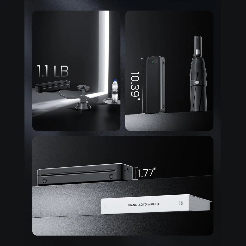 Compact black portable printer size comparison with water bottle and book