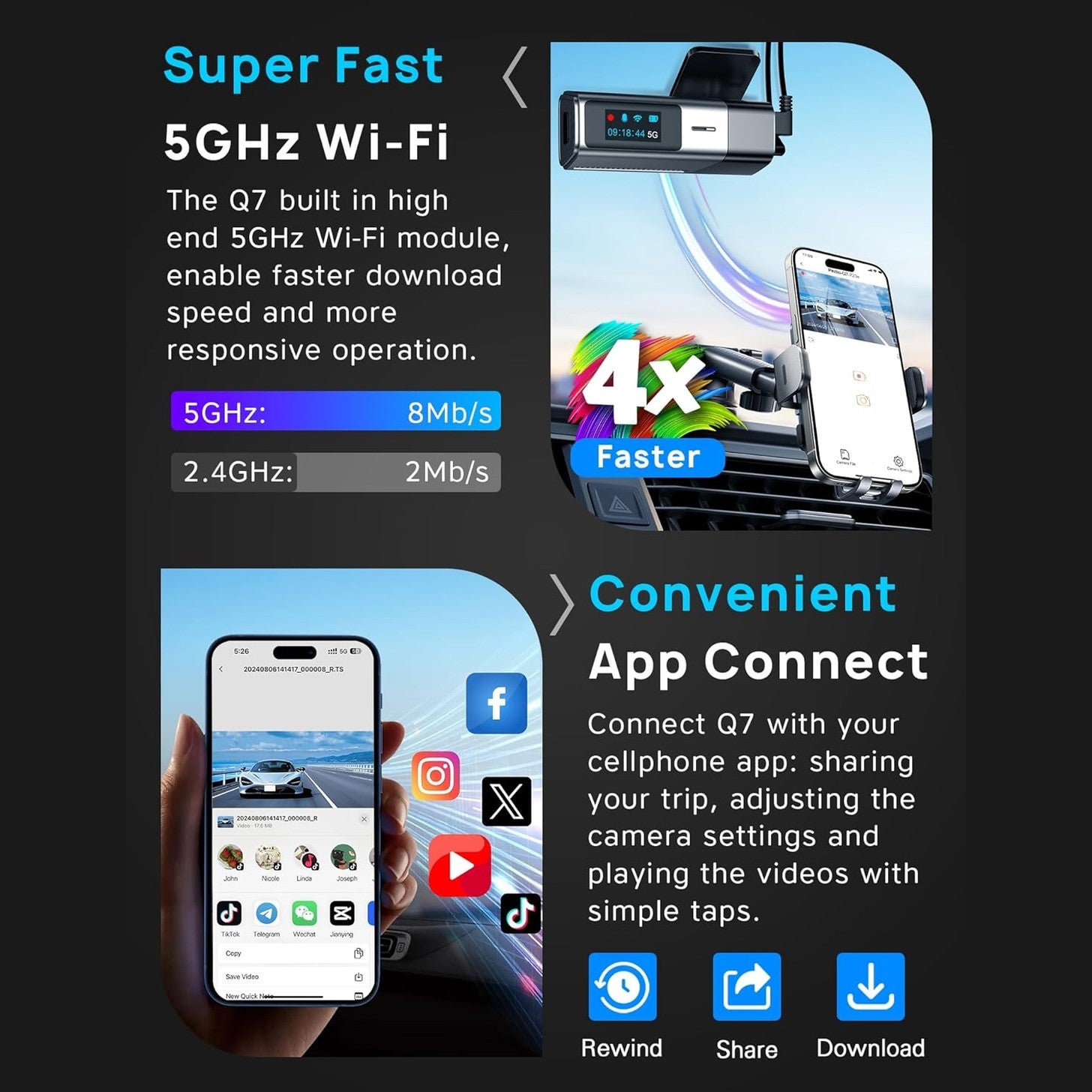 Navycrest 5G WiFi Dash Cam Front and Rear with 64GB Card, Dash Camera for Cars 2.5K/1440p Front and 1080P Rear, Dashcams for Cars Loop Recording, Gravity Sensor, 24Hours Parking Mode, Silver