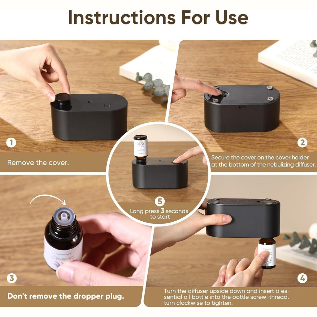 Waterless Diffuser for Essential Oil Nebulizer,Battery Operated Mini Scent Air Machine, Aromatherapy Atomizing Diffuser, 3 Mist Modes, Cycle Start for Bedroom, Home, Office 160-400 sq. ft Scent Black