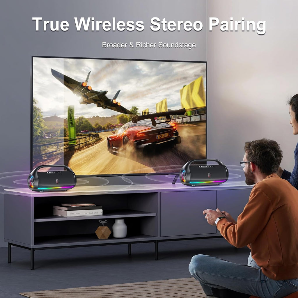 JYX Portable Bluetooth Speaker Wireless: IPX5 Waterproof Speaker Boom Music Box with Disco Light for Indoor Outdoor Parties, Powerful Bass Stereo Sound Loud Speaker Support USB/TF Card/AUX/FM/Rec