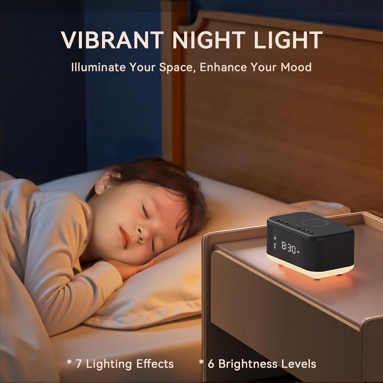 Wireless Charging Alarm Clock Bedroom, Loud Digital Alarm Clocks Bedrooms, Alarm Clock Night Light Speaker 8W Snooze Dual Alarm 12/24H Adjustable Brightness Dimmer Bluetooth, Black