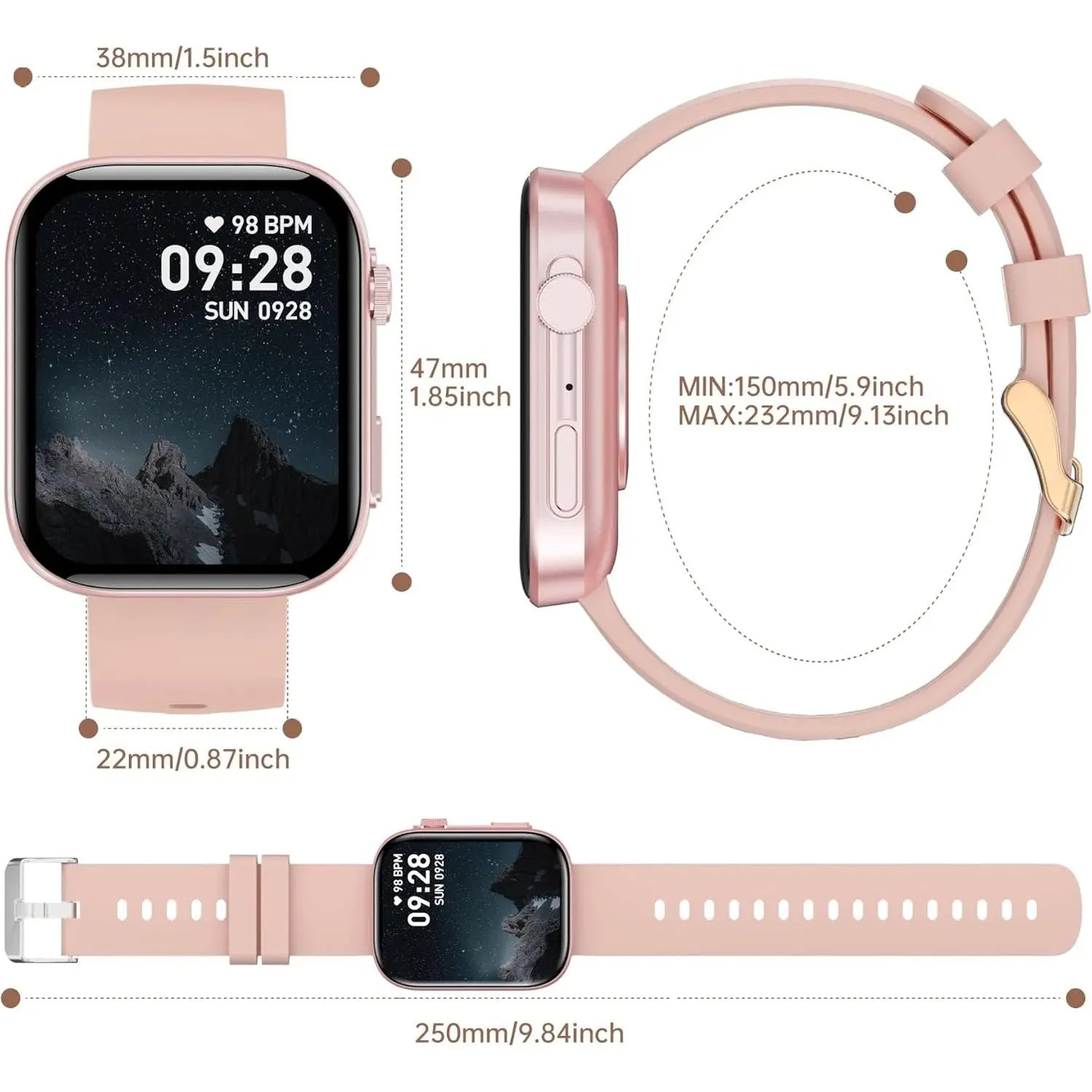 Pink smartwatch multi-angle diagram with size measurements