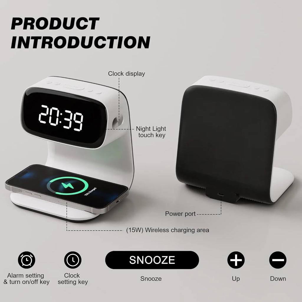 YIDPU Digital Alarm Clock with Wireless Fast Charging Station 15W Touch Smart Lamp for Bedside,3 Colors Nightlight Adjustment Night Lamp for Living Room,Bedside,Heavy Sleepers (White+Cable&Adapter)