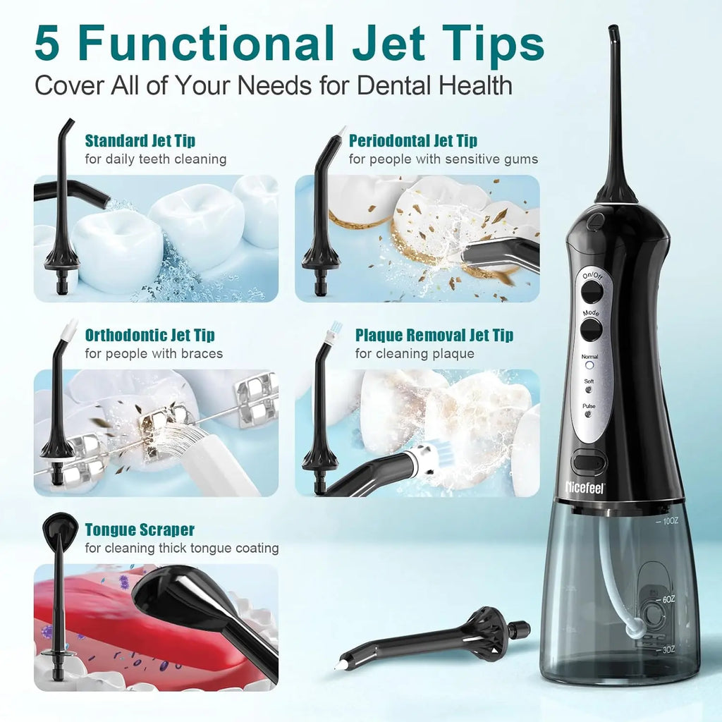 Nicefeel water flosser with five functional jet tips for braces and tongue cleaning