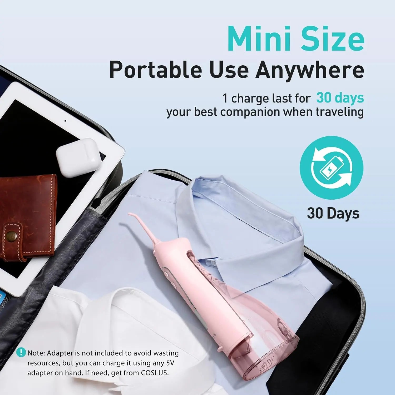COSLUS Water Dental Flosser Teeth Pick C20(F5020E): Portable Cordless Oral Irrigator 300ML Rechargeable Travel Irrigation Cleaner IPX7 Waterproof Electric Flossing Machine for Teeth Cleaning, Pink