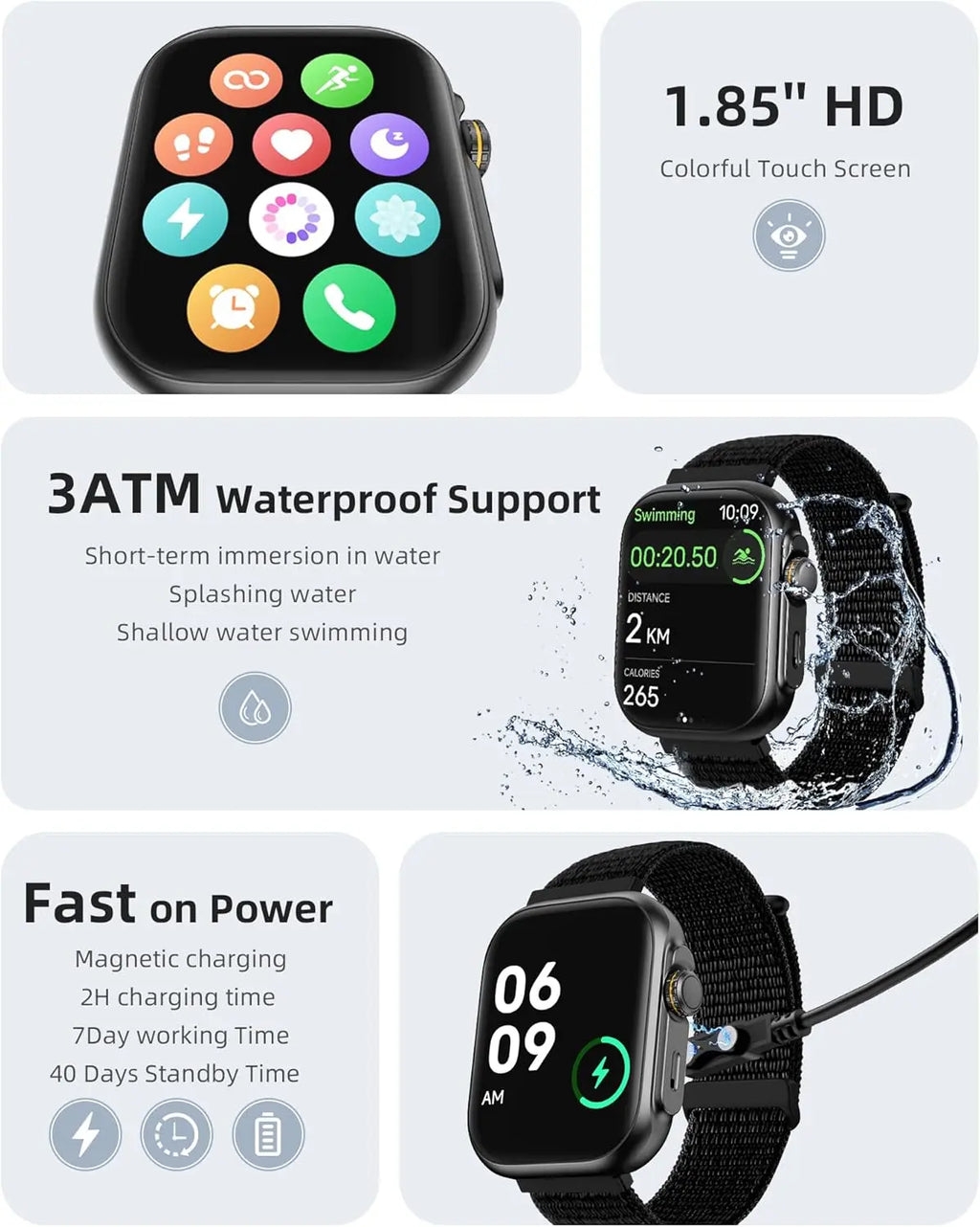 Parsonver 1.85 inch HD touch screen smartwatch with 3ATM waterproof and fast charging