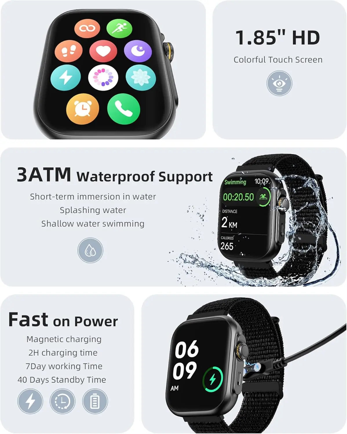 Parsonver 1.85 inch HD touch screen smartwatch with 3ATM waterproof and fast charging