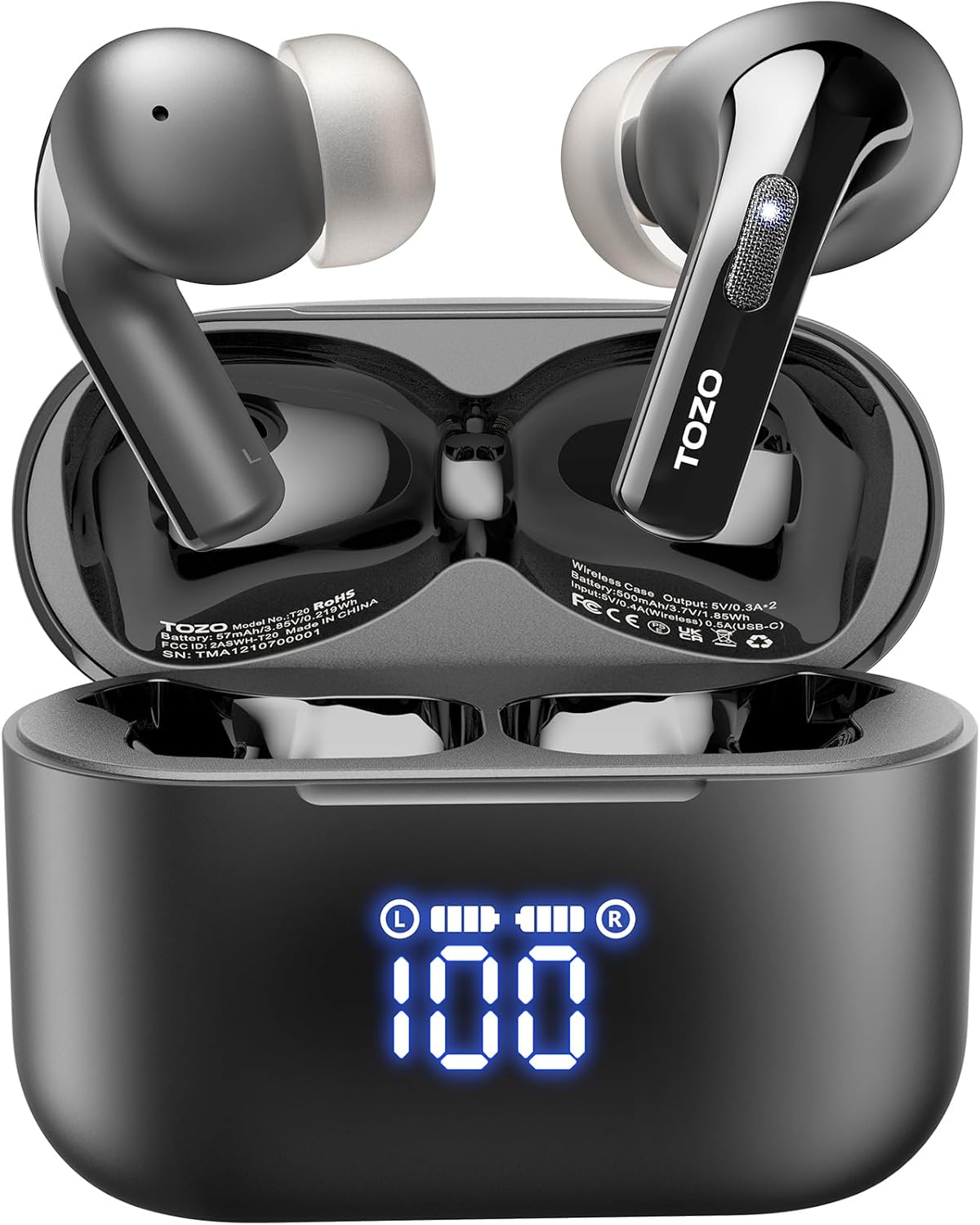 TOZO T20 Wireless Earbuds, Bluetooth Earphones 48.5 Hrs Playtime with LED Digital Display, IPX8 Waterproof, Dual Mic Call Noise Cancelling, 10mm Broad Range Speakers (In-Ear, Black)