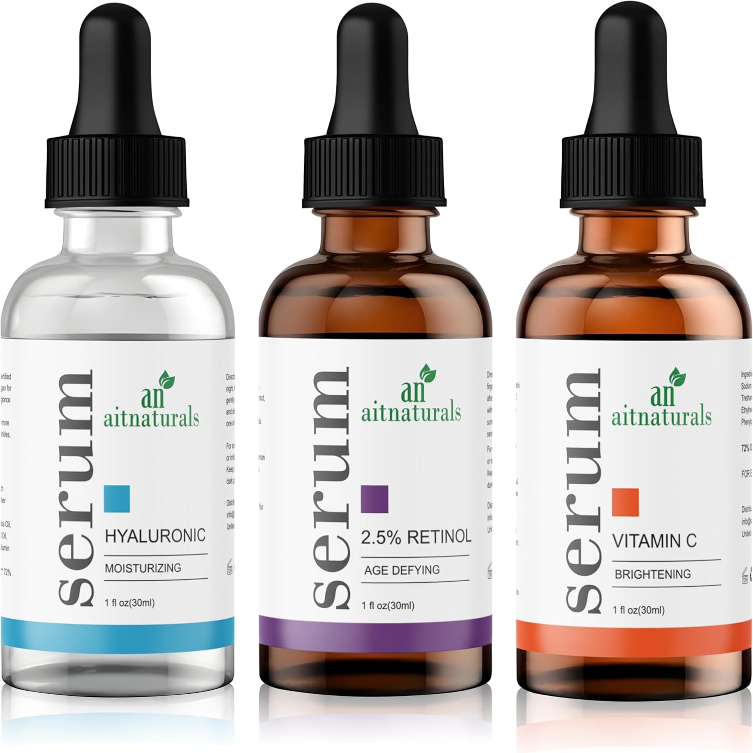 Aitnaturals Anti-Aging Serum Set (Each 30ml) | Powerful Trio of Vitamin C, Retinol, & Hyaluronic Acid | Reduces Wrinkles, Firms, Hydrates, Boosts Brightness, Improves Elasticity & Moisturizes Skin